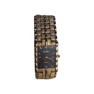Elgin Diamond Accent Men's Gold Tone Metal Bracelet Black Dial Rectangular Watch
